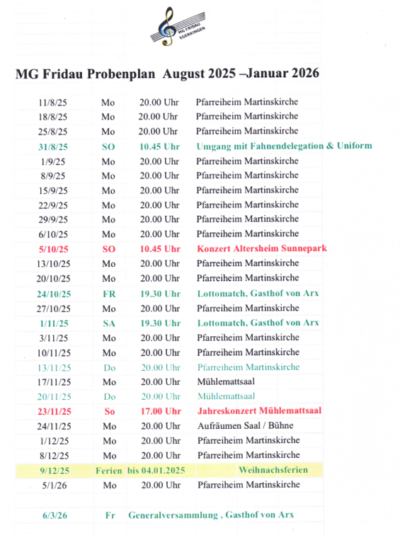 Probenplan mit Terminen